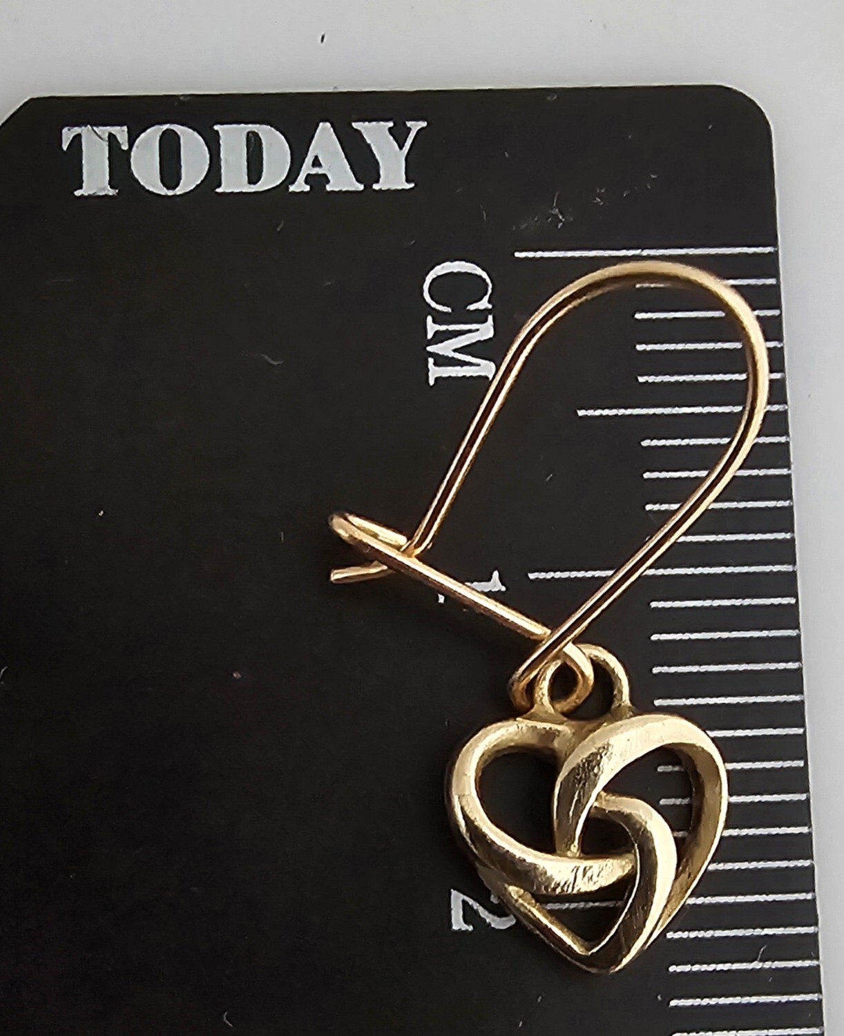 9 carat yellow gold 375, pair of small love heart earrings, long hook wires