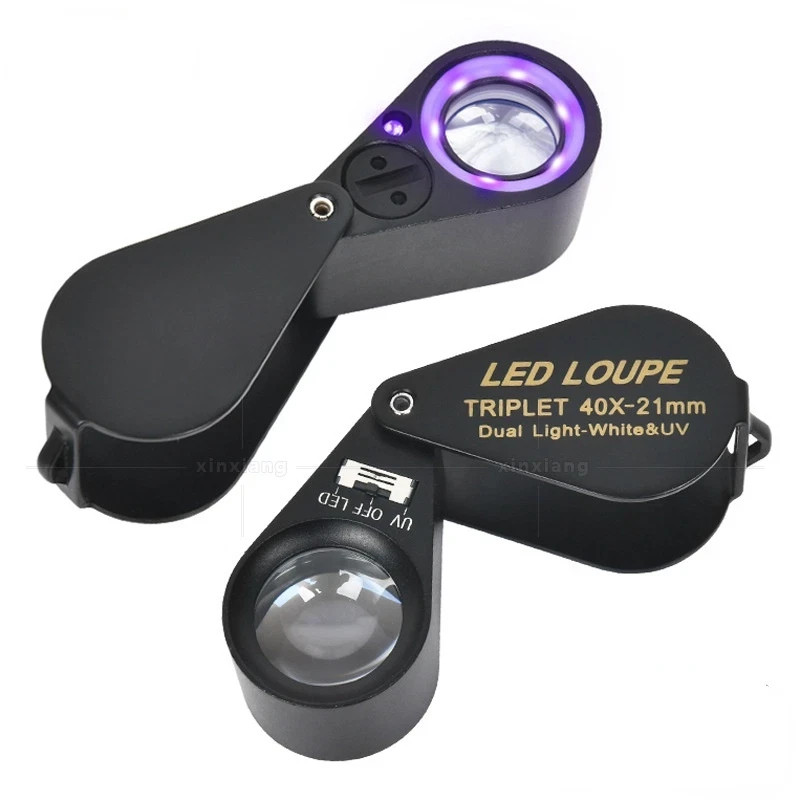 10X 20X 30X 40X 21mm Magnifying LED Triplet Loupe Dual Light White &UV Magnifier