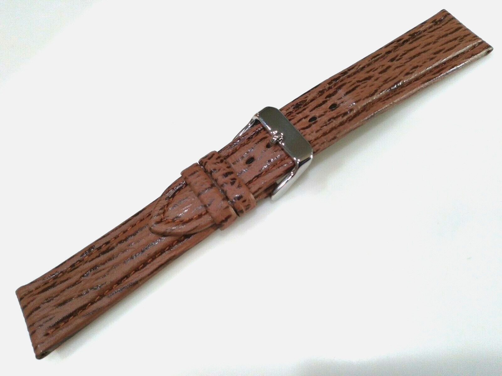 Brown Genuine Shark Sharkskin 20mm Regular Padded Watch Band Silver Tone Buckle
