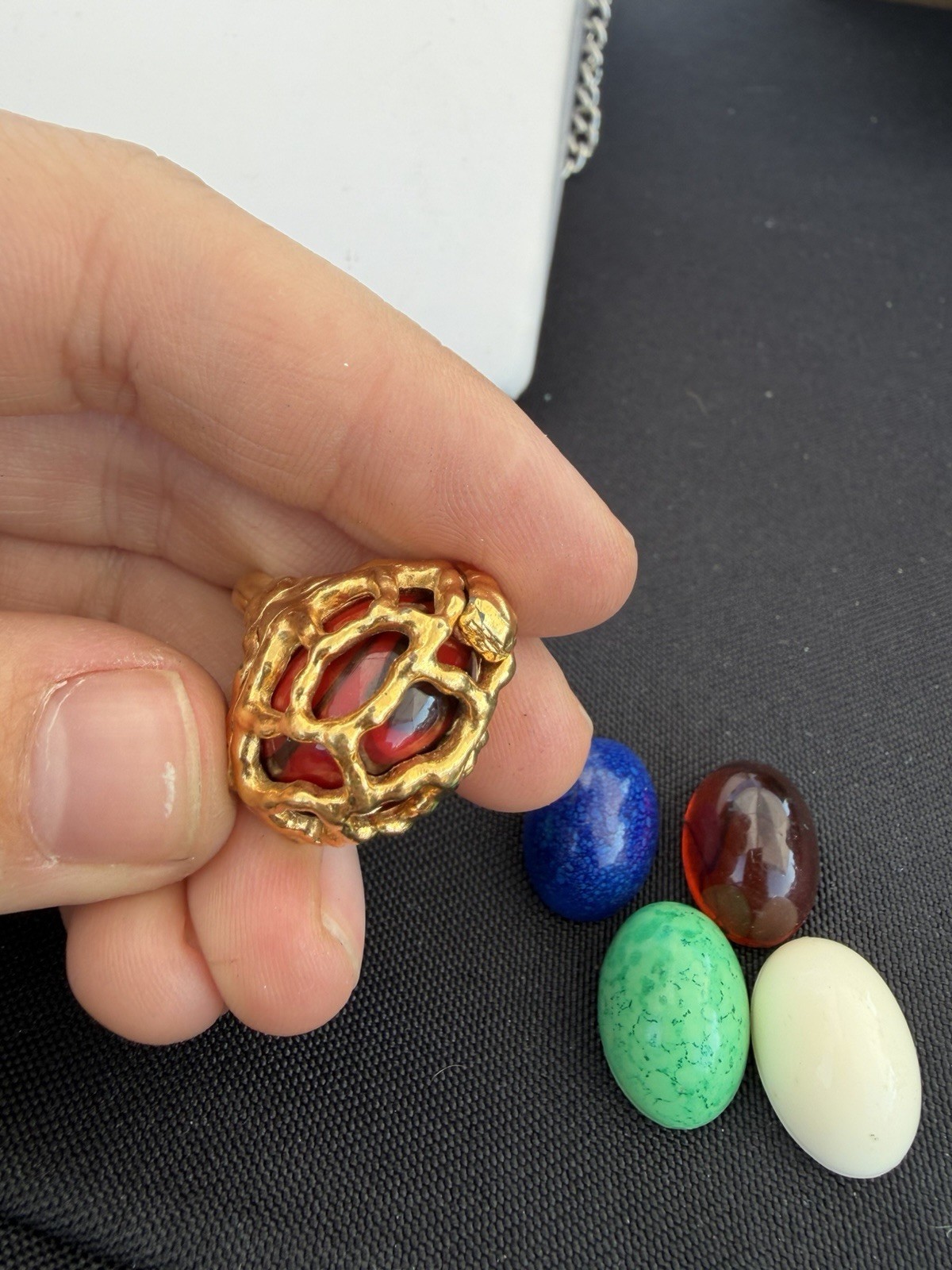 Vintage Crown Trifari Interchangeable Adjustable Ring, 6 Colored Cabochons