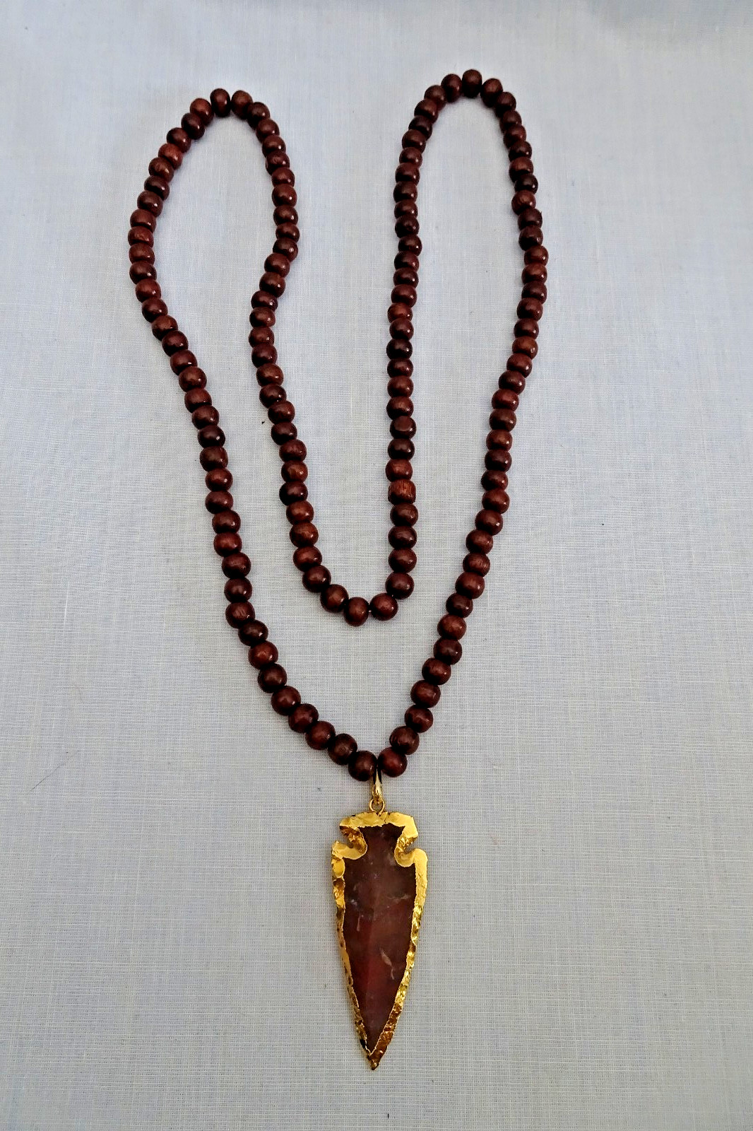 Vintage Brown Stone Gold Dip Arrowhead Pendant Necklace w 34″ Brown Beaded Chain