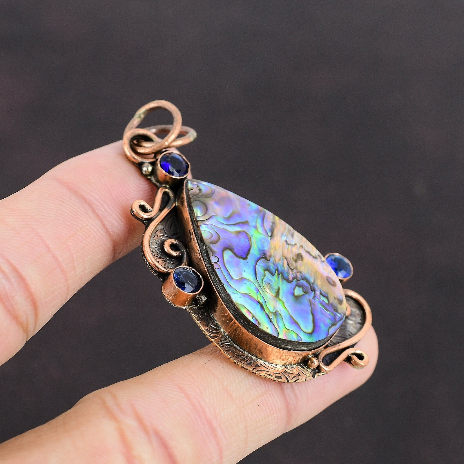 Pear Abalone Shell Gemstone Tanzanite Quartz Copper Anniversary Pendant Jewelry