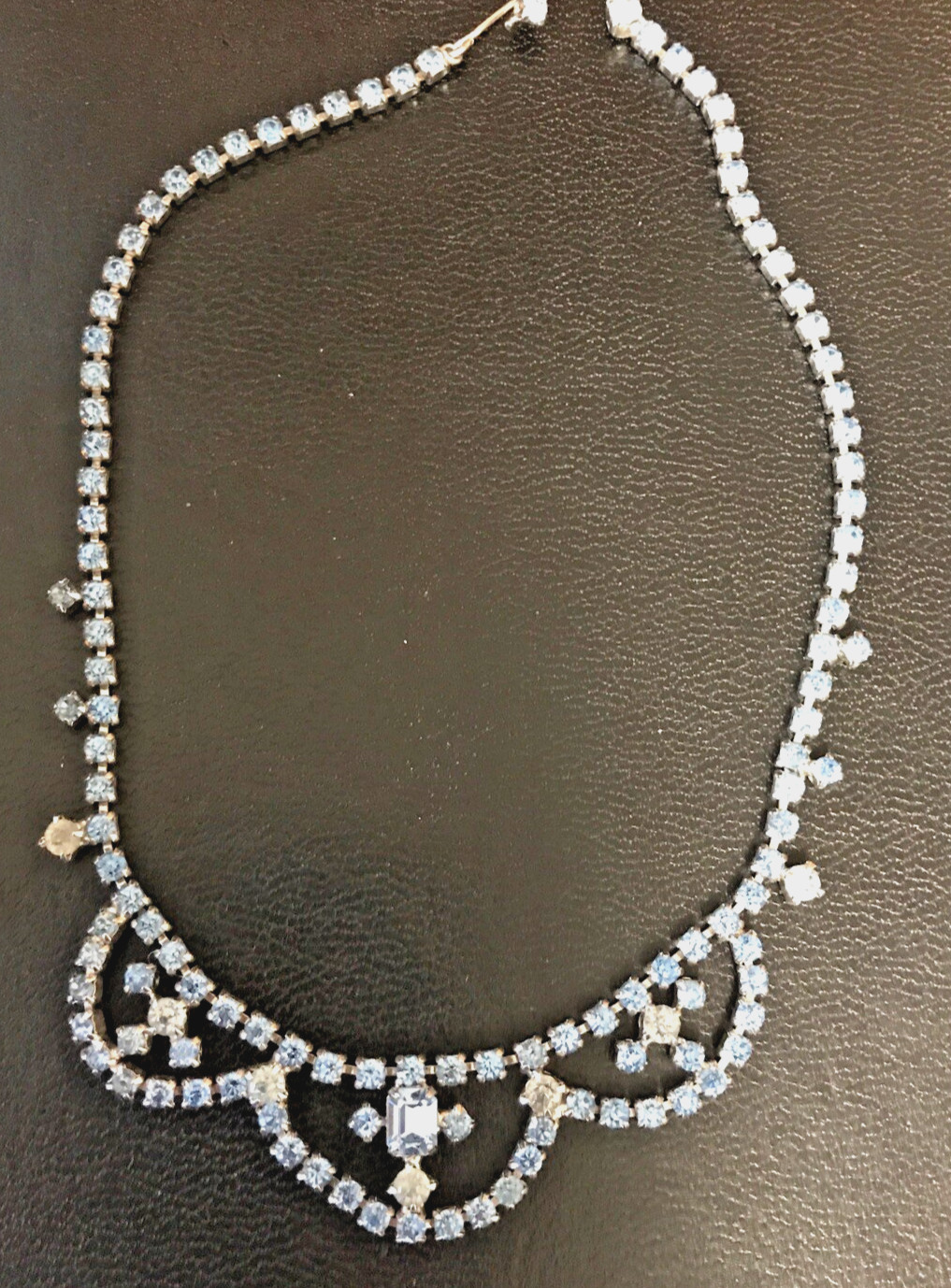 Rhinestone Necklace Vintage Costume Pale Blue Silver Tone Glamour 15″