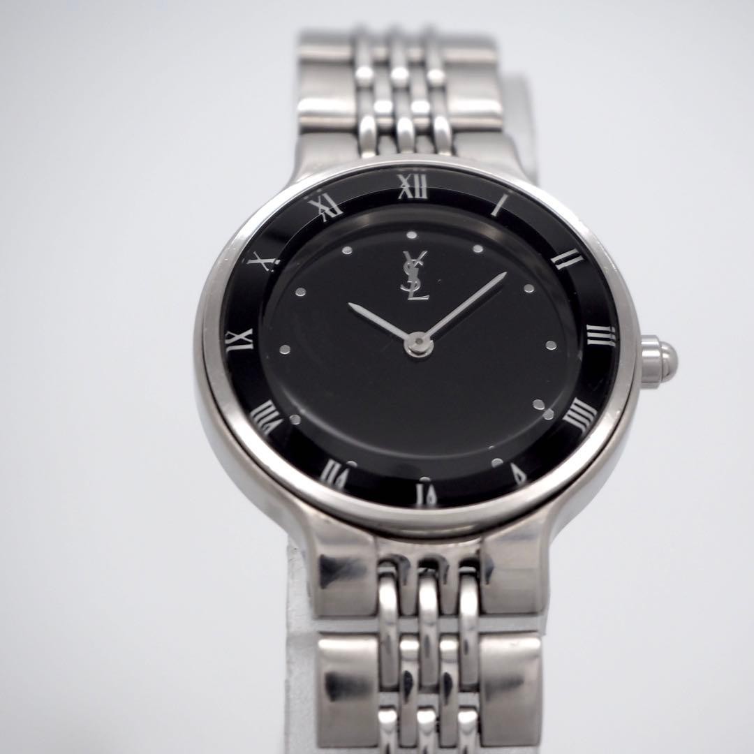 YSL Yves Saint Laurent Black Watch Cut Glass Roman Numerals Japan 0713685