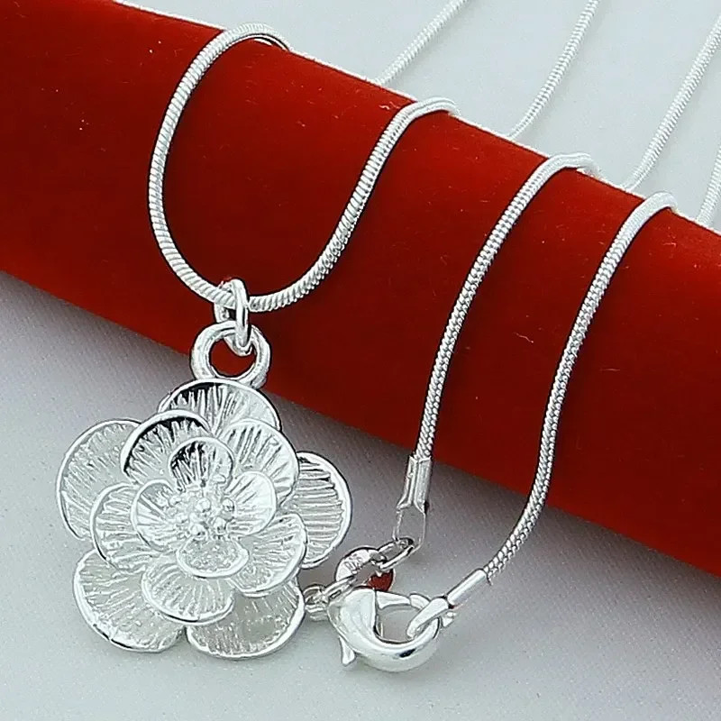 925 Sterling Silver Rose Flower Pendant Necklace 18/20-24/26/30 Inch Snake Chain