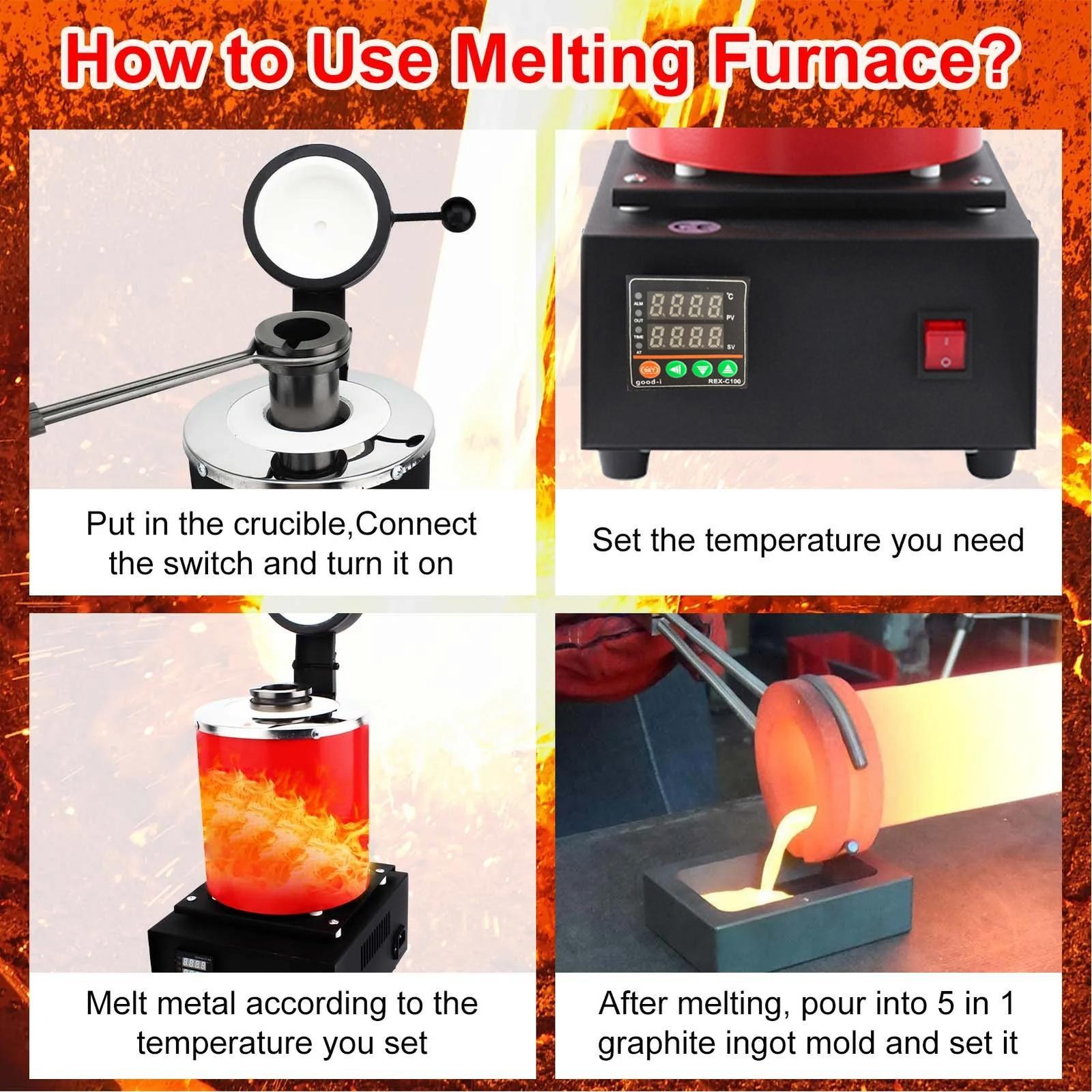 3KG 1500W Electric Digital Metal Melting Furnace Gold Silver Smelter 2102℉ 110V