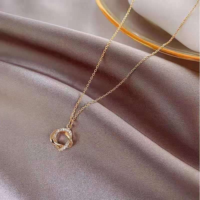 Women’s Fashion CZ Rose Ring Pendant Necklace Collarbone Chain Titanium Steel