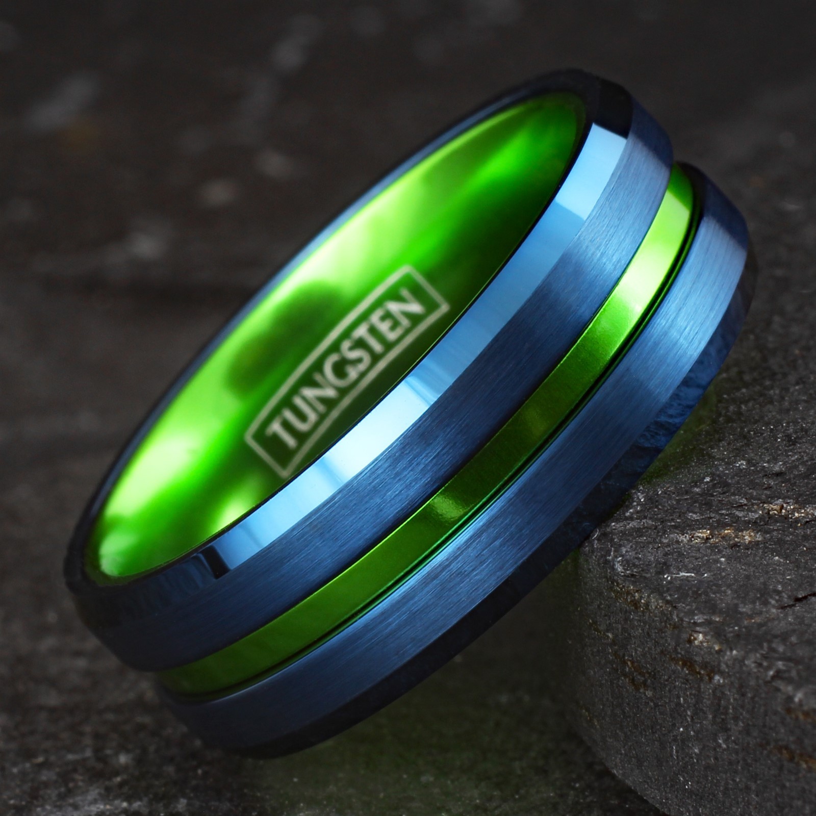 Custom Engraved Mens Blue Tungsten Carbide Green Stripe Band Ring-Seahawks Color