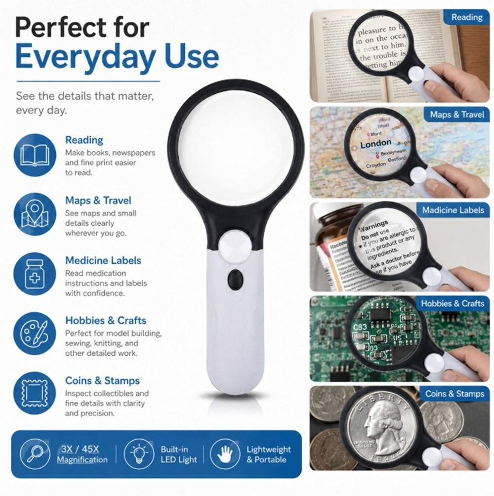 NEW 45X LED Jewelry Loupe Magnifier Handheld Reading Glass 3 Modes Portable