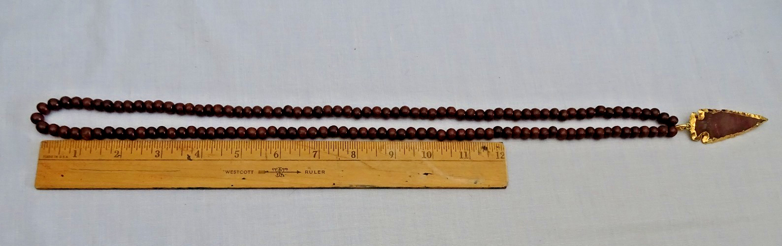 Vintage Brown Stone Gold Dip Arrowhead Pendant Necklace w 34″ Brown Beaded Chain