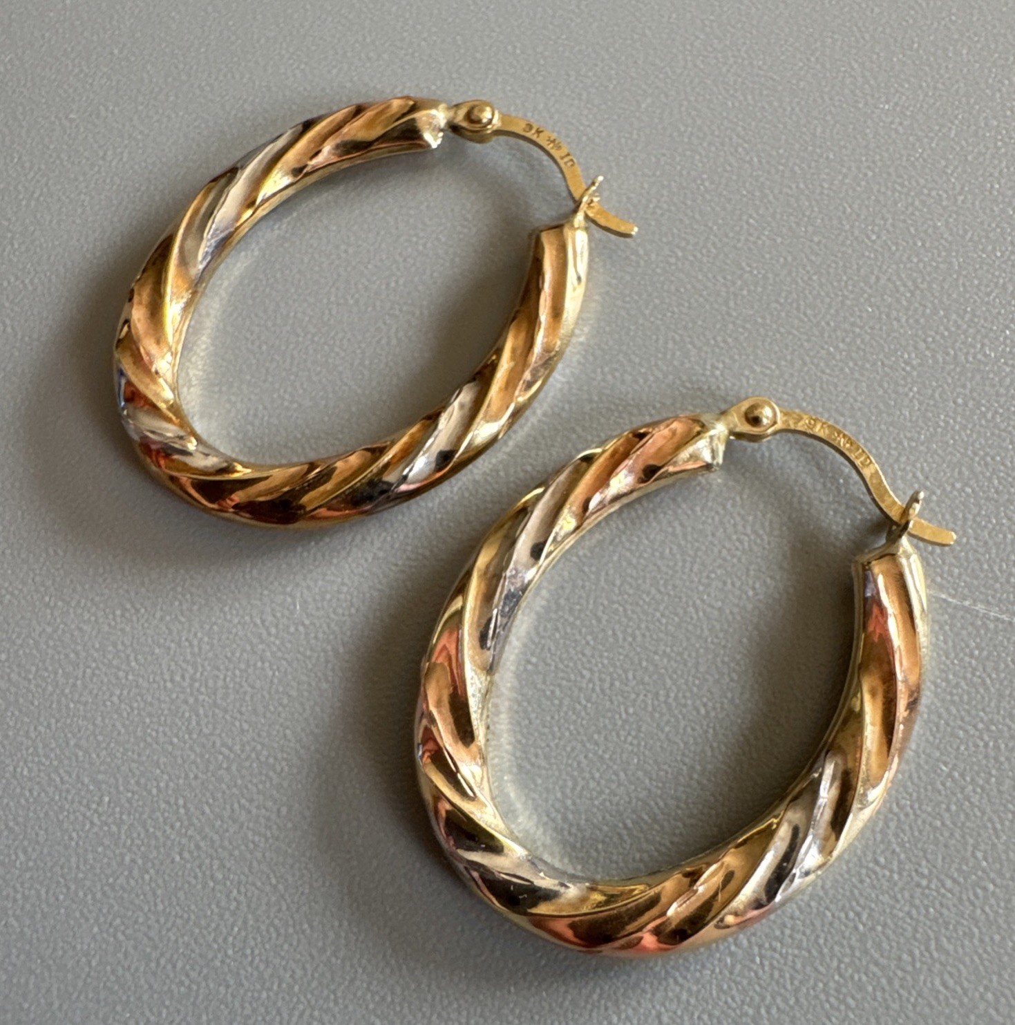 9ct Yellow, Rose & White Gold Twist Oval Creole Hoop Earrings 24.7mm Long 0.78g