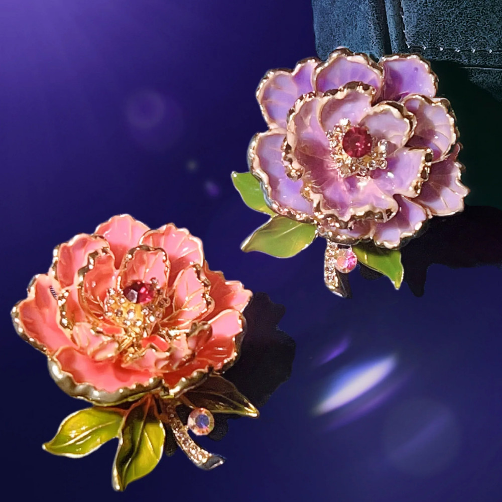 Gold Pink Peony Crystal Flower Brooch Enamel Rhinestone Pin Summer Jewelry Gift