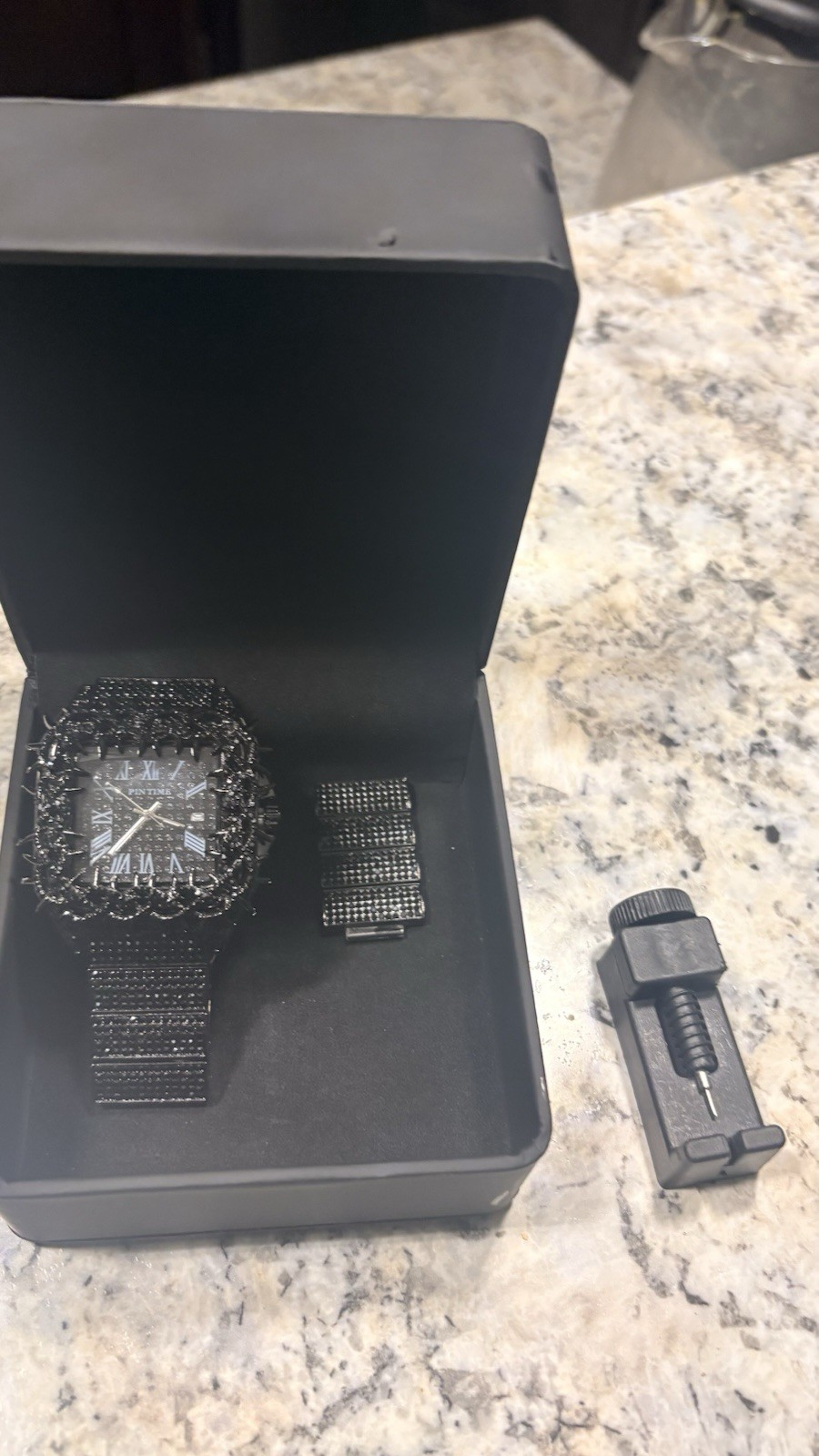 Black ICED OUT PIN TIME Moissanite Throne Roman Numeral watch w/Box