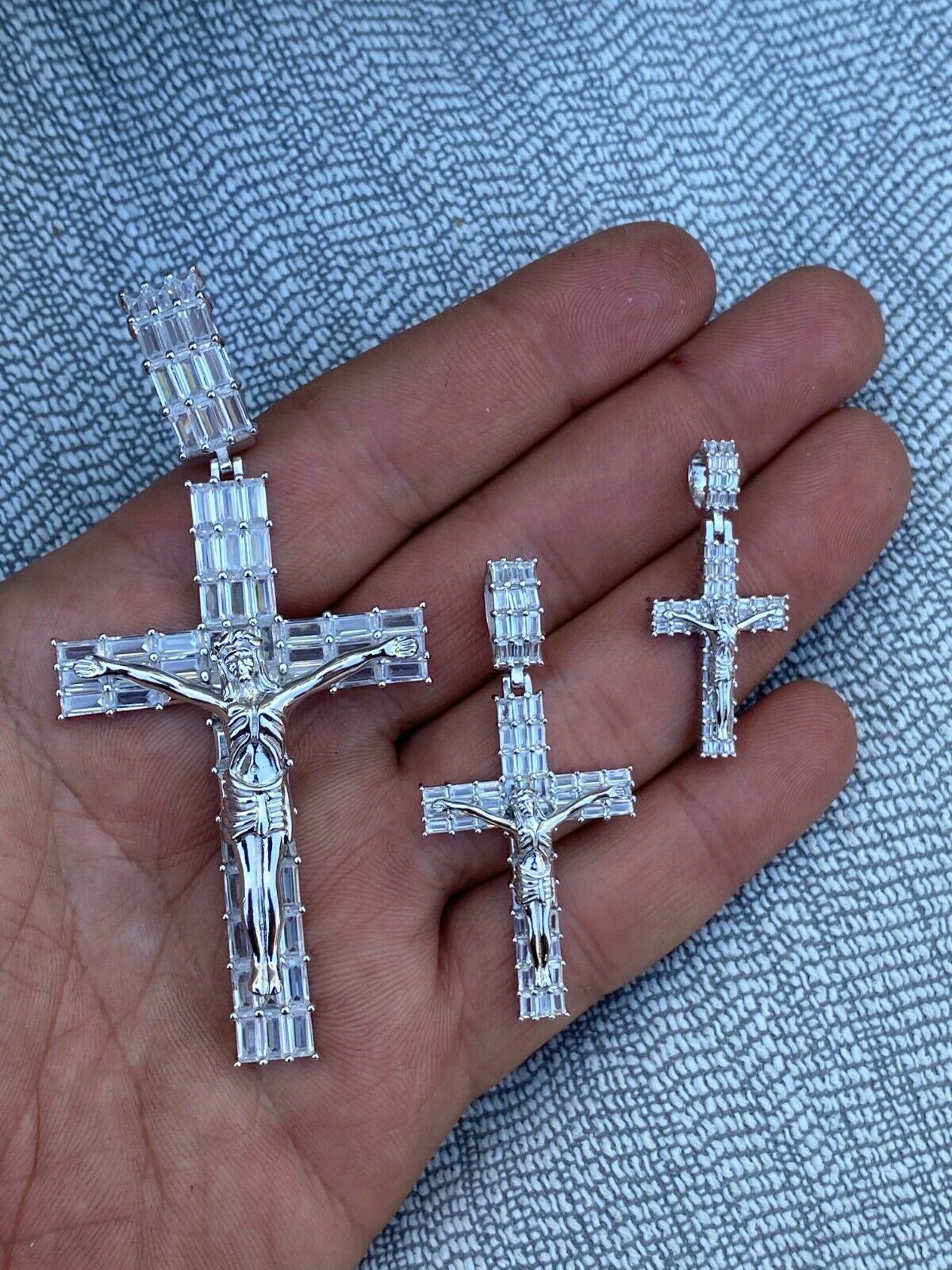 Solid 925 Sterling Silver Cross W. Jesus Pendant Baguette Iced CZ Necklace Big