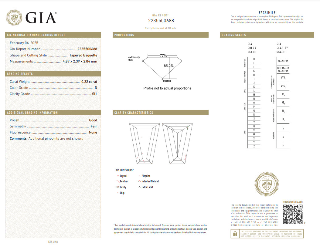 GIA Certified Tapered Baguette .22 CT SI1 D Natural Earth Mined Diamond