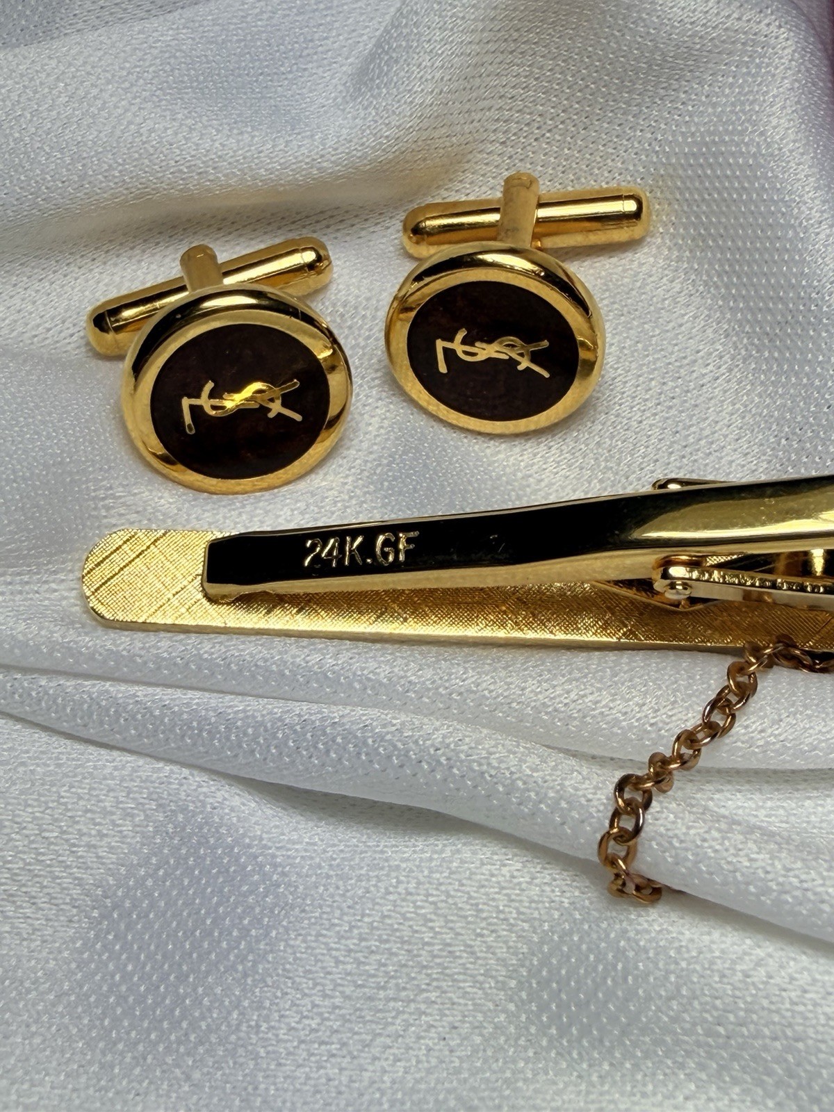 Yves Saint Laurent Signed 24k GF Gold-Plated Onyx Bullet Back Cufflinks