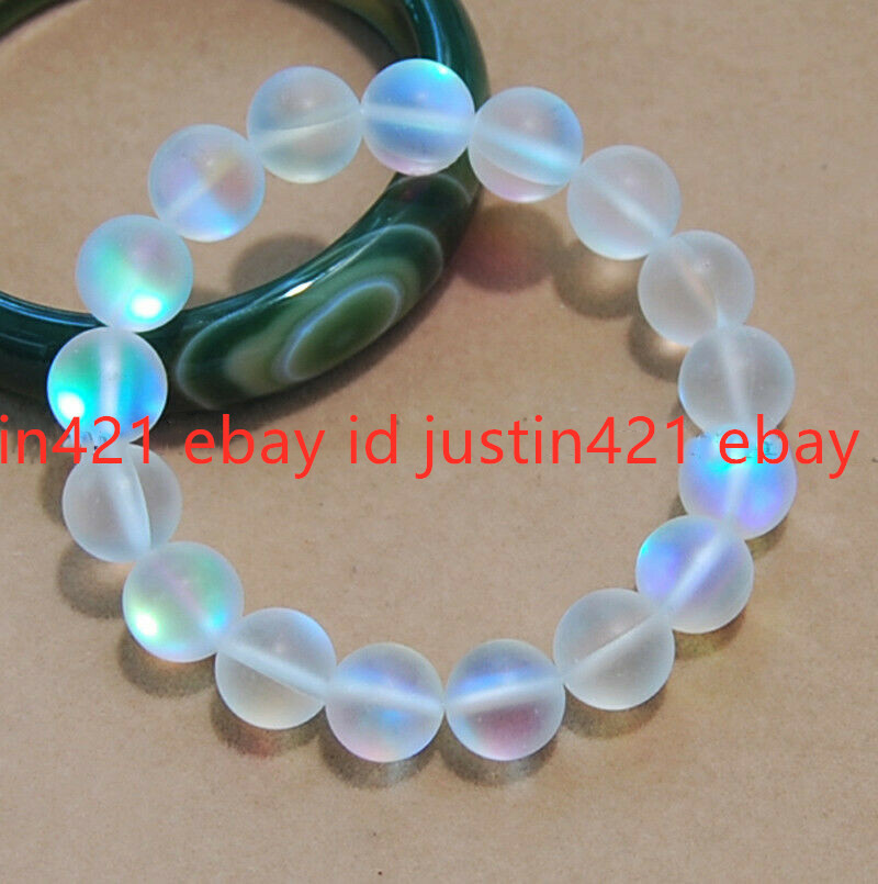 Natural 6/8/10/12mm White Gleamy Rainbow Moonstone Gemstone Bracelet 7.5” AAA+