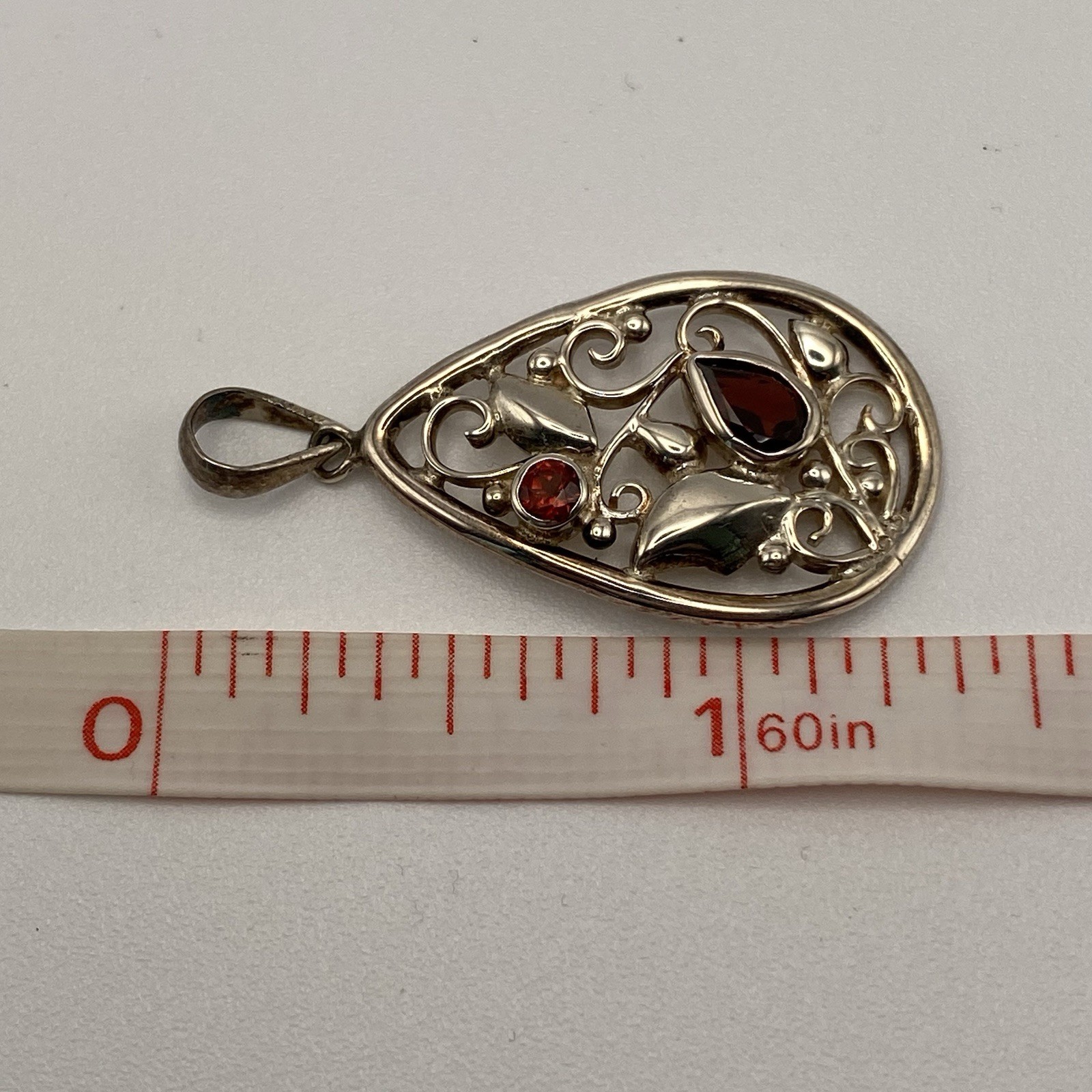 PTI 925 Sterling Silver Pendant Vintage Nepal Garnet Gemstone Filigree Bezel