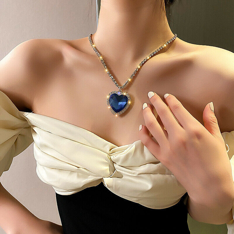 Huge Platinum White Gold Titanic Heart of the Ocean Blue Rhinestone Necklace