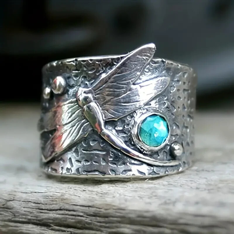 925 Sterling Silver Blue Topaz Charm Dragonfly Wedding Engagement Ring Size 7.5