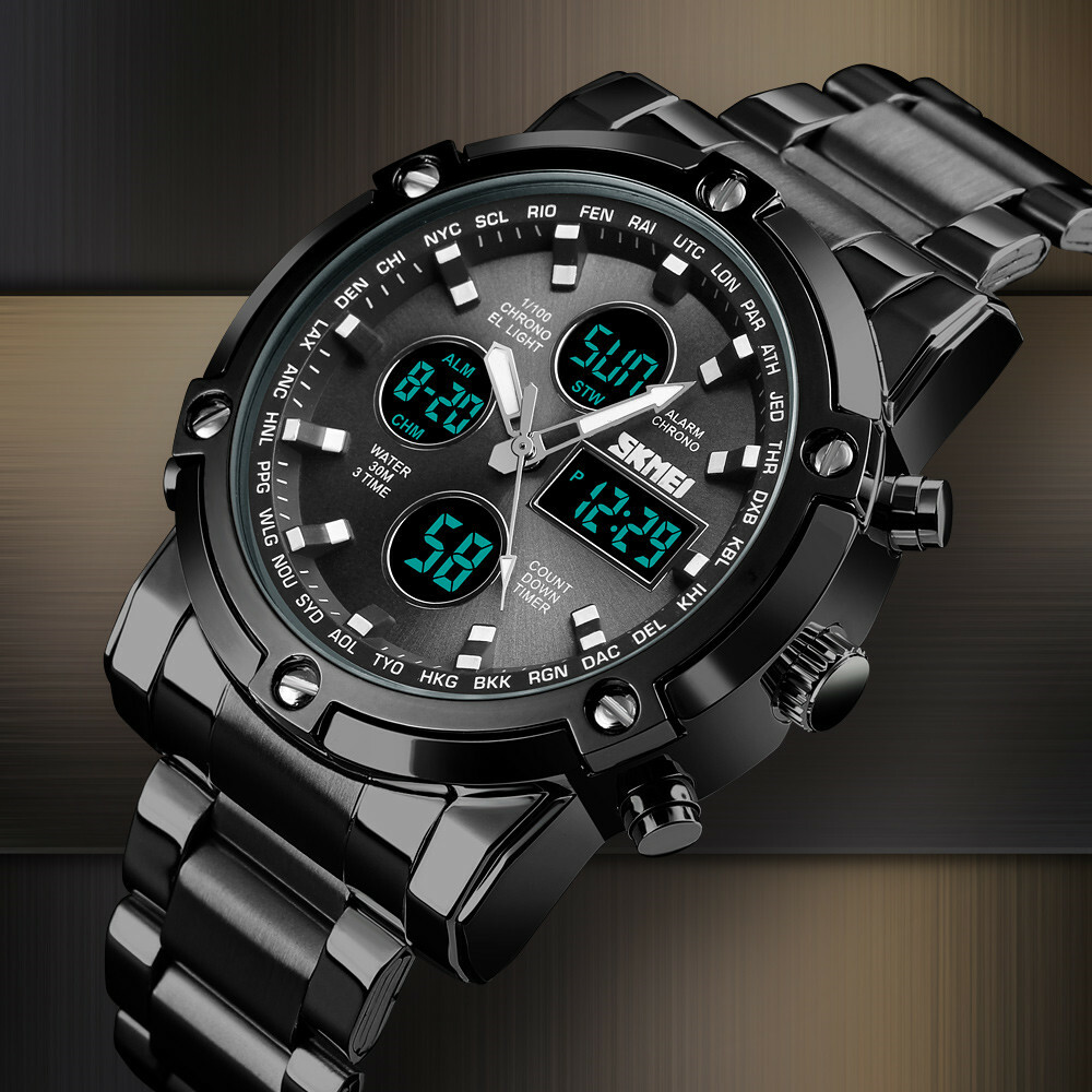 SKMEI Men Quartz Watch LED Digital Steel Wristwatch Casual Business Male Watches