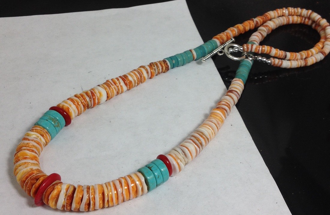 orange/white spiny oyster shell/turquoise/coral heishi necklace 22″(g180v-w1)