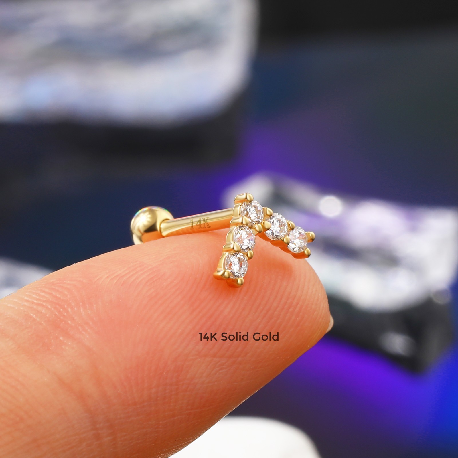 0.1CT Zircon 14K Real Solid Gold V-Shape Stud Earrings Cartilage Lobe Stud