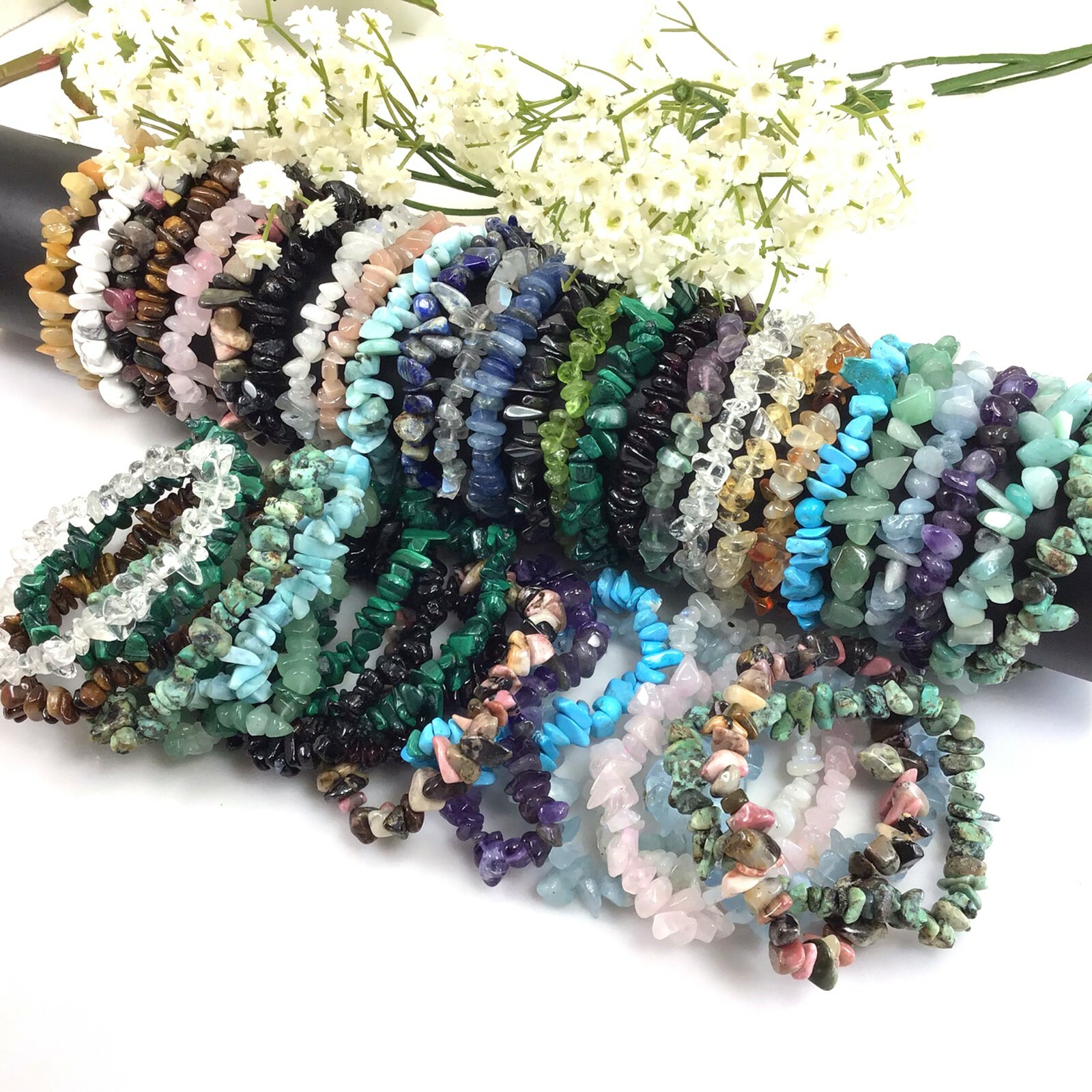 Gemstone Chips Bracelet 7.5″ Elastic Stretch Beaded gift Handmade Beautiful
