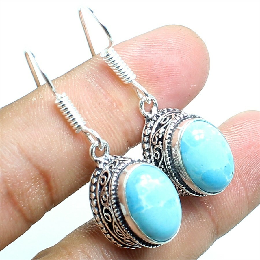 Caribbean Larimar Gemstone Handmade 925 Sterling Silver Jewelry Earring Sz 1.2”