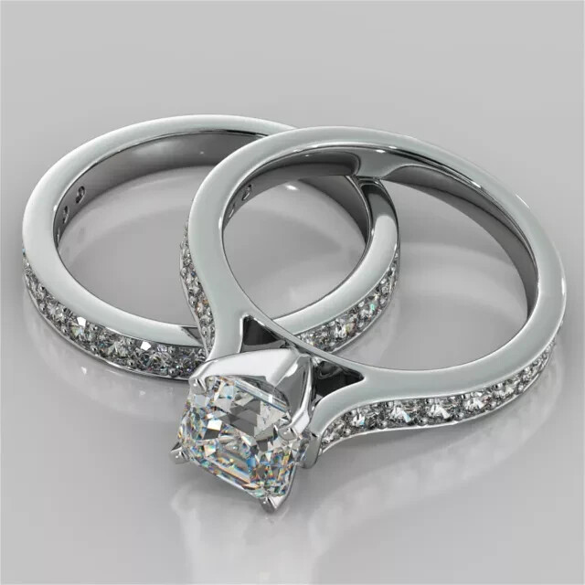 2.62 Ct Asscher Simulated Diamond Engagement Band Set 14K White Gold Plated
