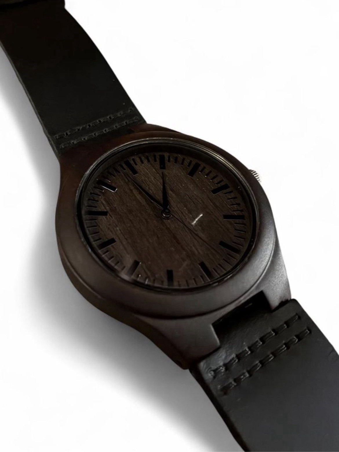 Brown Wood Grain Dial Analog Wristwatch Black Leather Strap Screwback Case