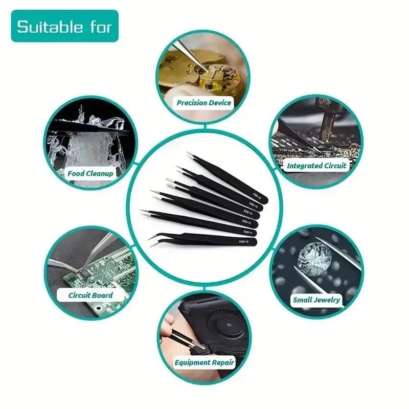 6Pcs ESD Anti-static Tweezers Set Maintenance Repair Stainless Steel Tools Kit