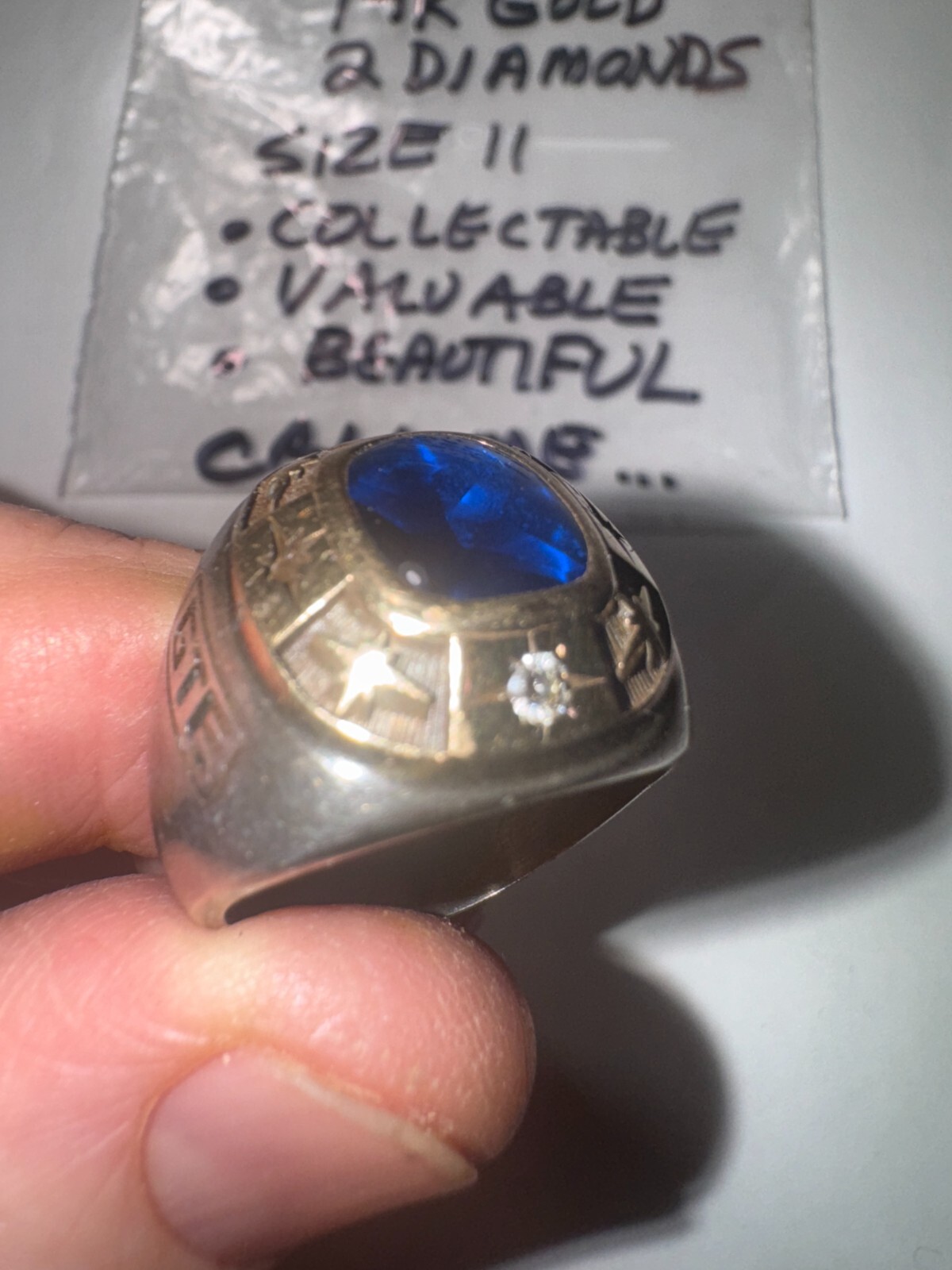GTE Service Ring: Sterling & 14K Gold w/2 Diamonds & Blue Stone Very Cool SS-137