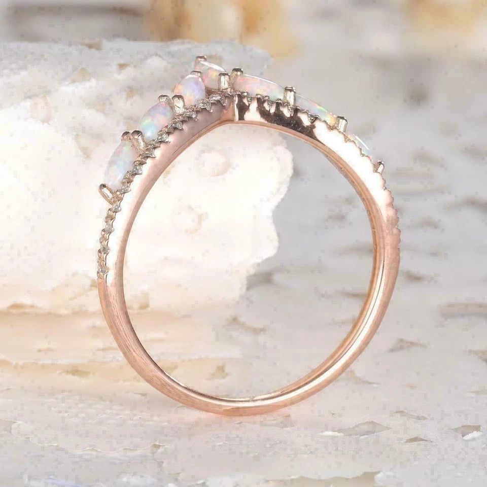 Marquise Cut Simulated Fire Opal Flower Wedding Ring In 14K Rose Gold Plated