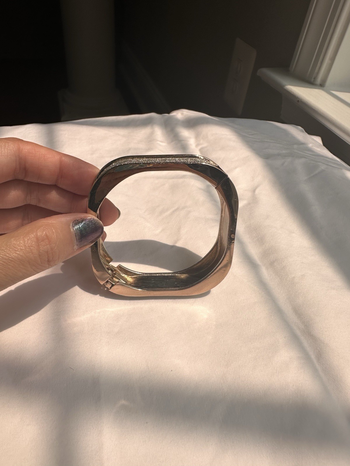 Rose Gold Tone Hinged Cuff Bangle Bracelet Pavé Clear Crystal Rectangle