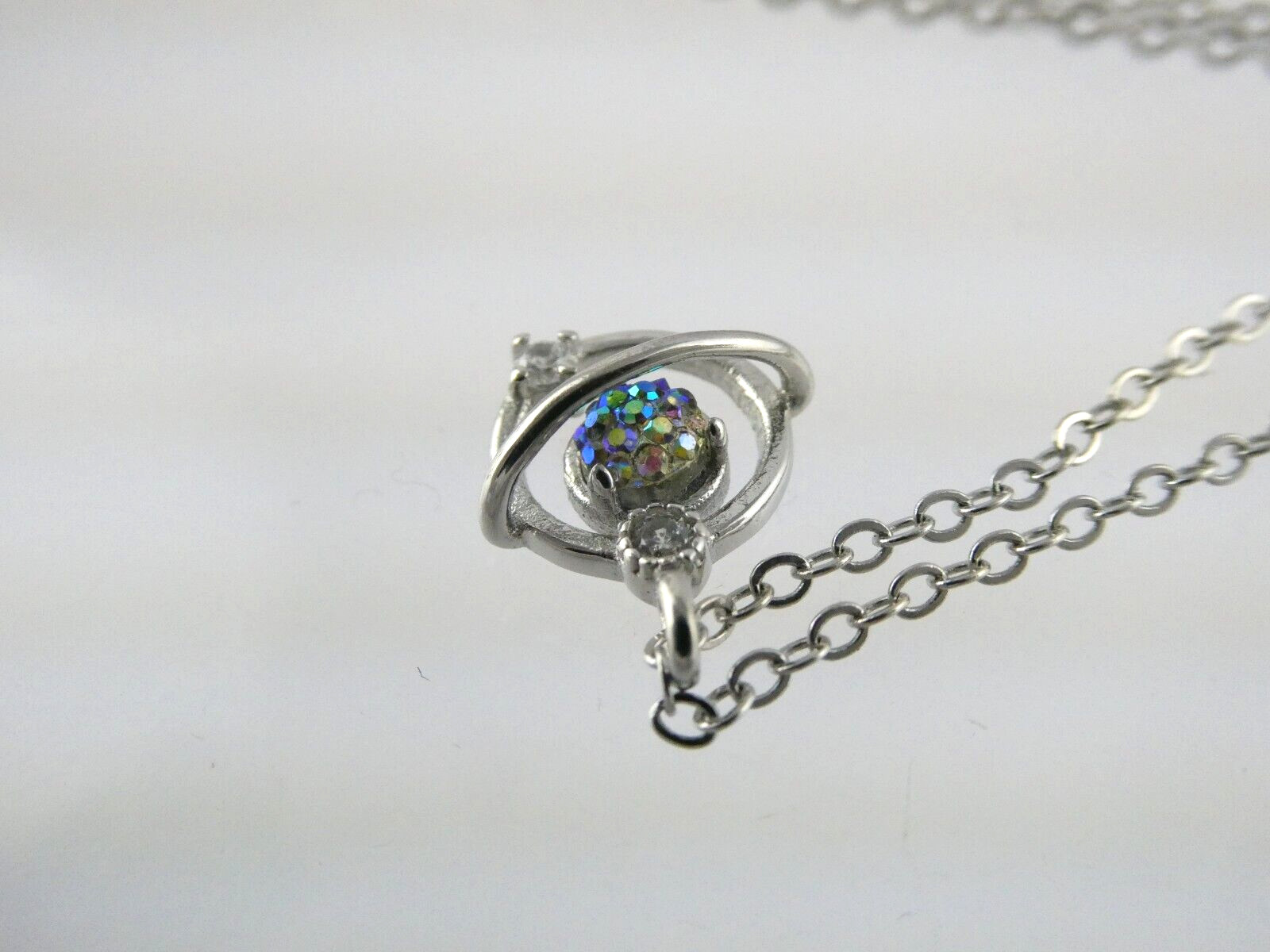 Sterling Silver Druzy Gemstone Planet Pendant Necklace 2.1 Grams 17 Inches