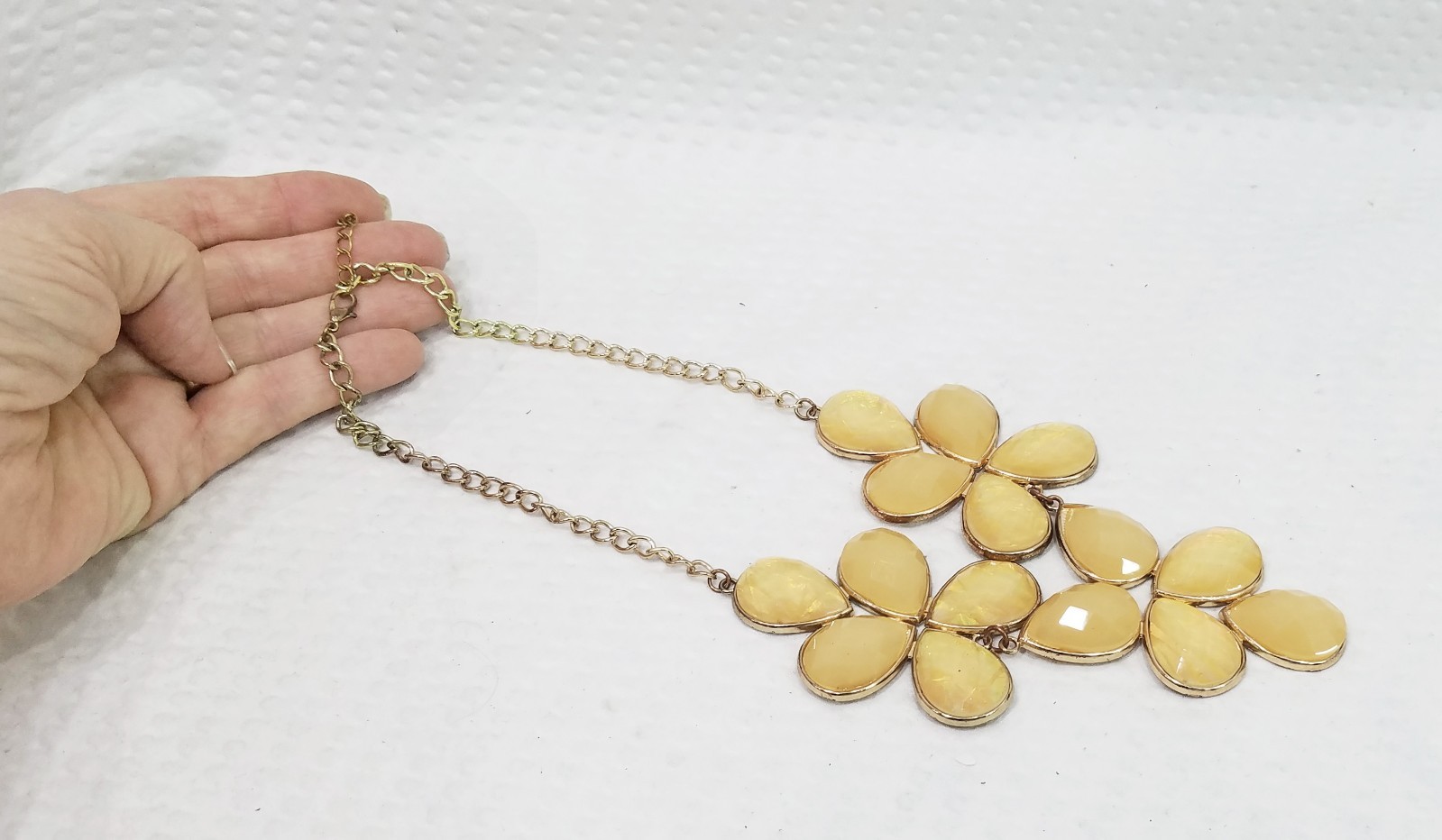 Gold Tone Champagne Yellow Foil-Backed Crystal Floral Tile Bib Choker Necklace