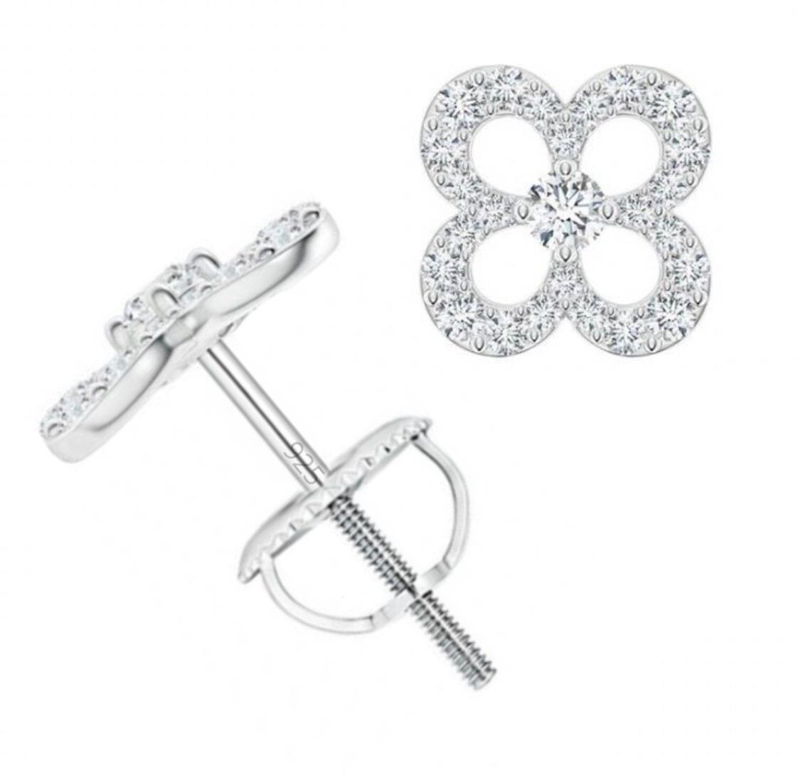 Solid 925 Sterling Silver CZ Cubic Zirconia Flower Stud Screwback Earrings