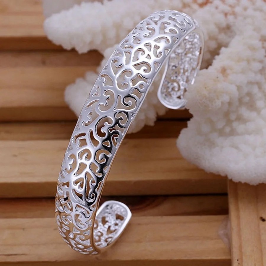 925 Sterling Silver Open Bangle Bracelet Women Round Charm Adjustable Jewelry