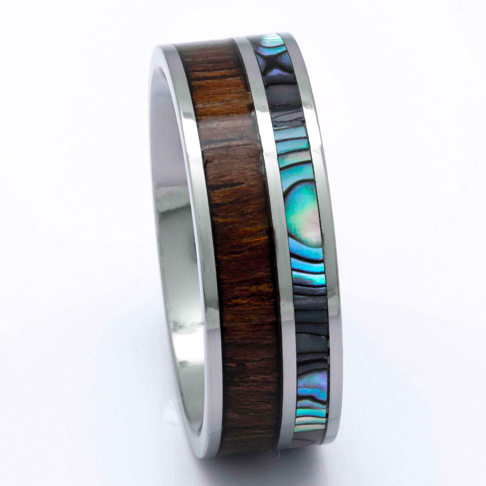 Titanium Hawaiian Koa Wood and Abalone Ring 8mm Comfort Fit Band Size 8 to 15