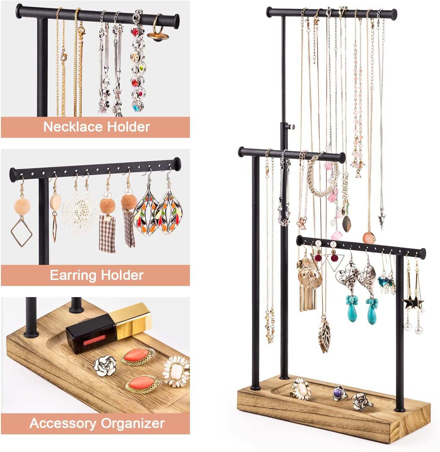 Jewelry Organizer Stand Extra Tall Necklace Holder Carbonized Black & Black