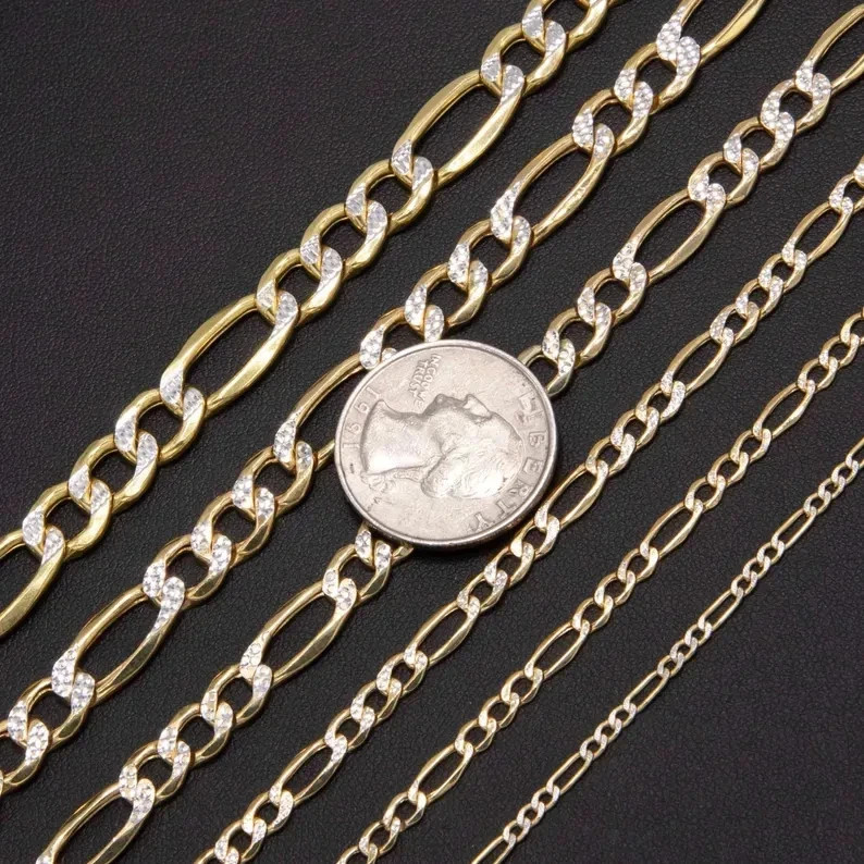 Real 14K Yellow Gold Diamond Cut Figaro Chain Necklace for Men & Women