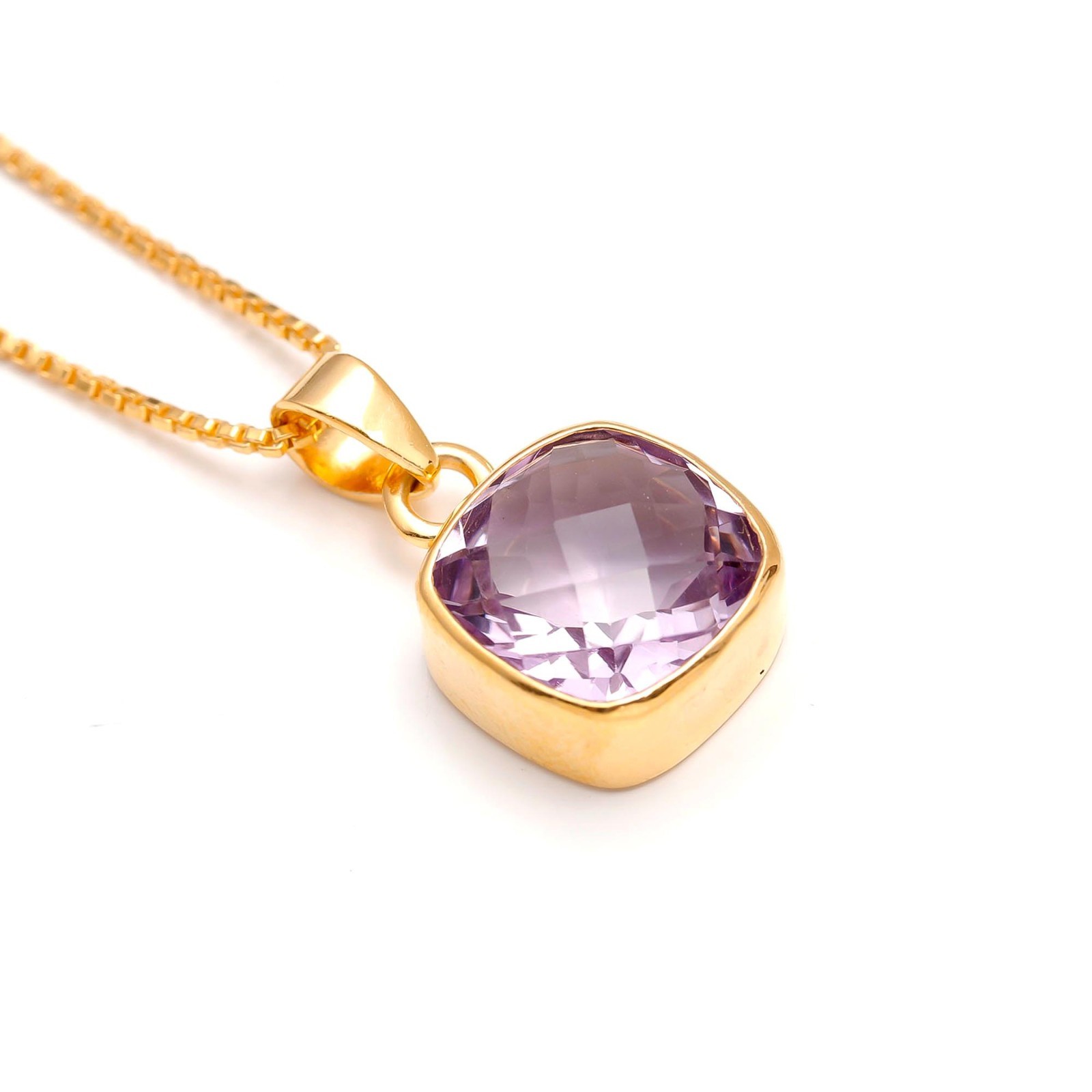 Natural Pink Amethyst Cushion Chain Pendant Gold Fill 925Sterling Silver Jewelry