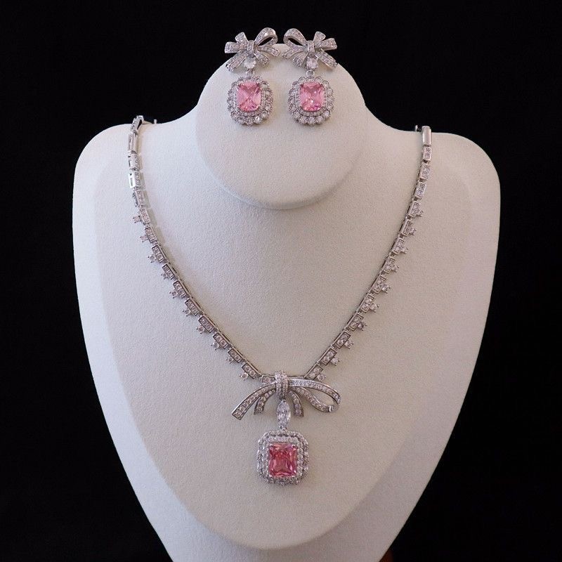 Silver vintage Tone Pink Diamond Jewelry Set Necklace Drop Earrings for Women