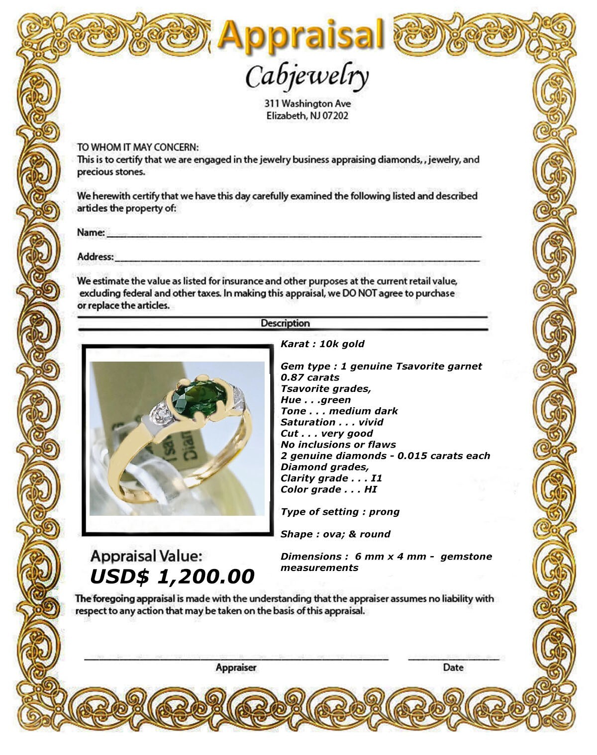 GENUINE 0.87 Ct TSAVORITE & DIAMOND RING 10k YELLOW GOLD -Free Appraisal Service