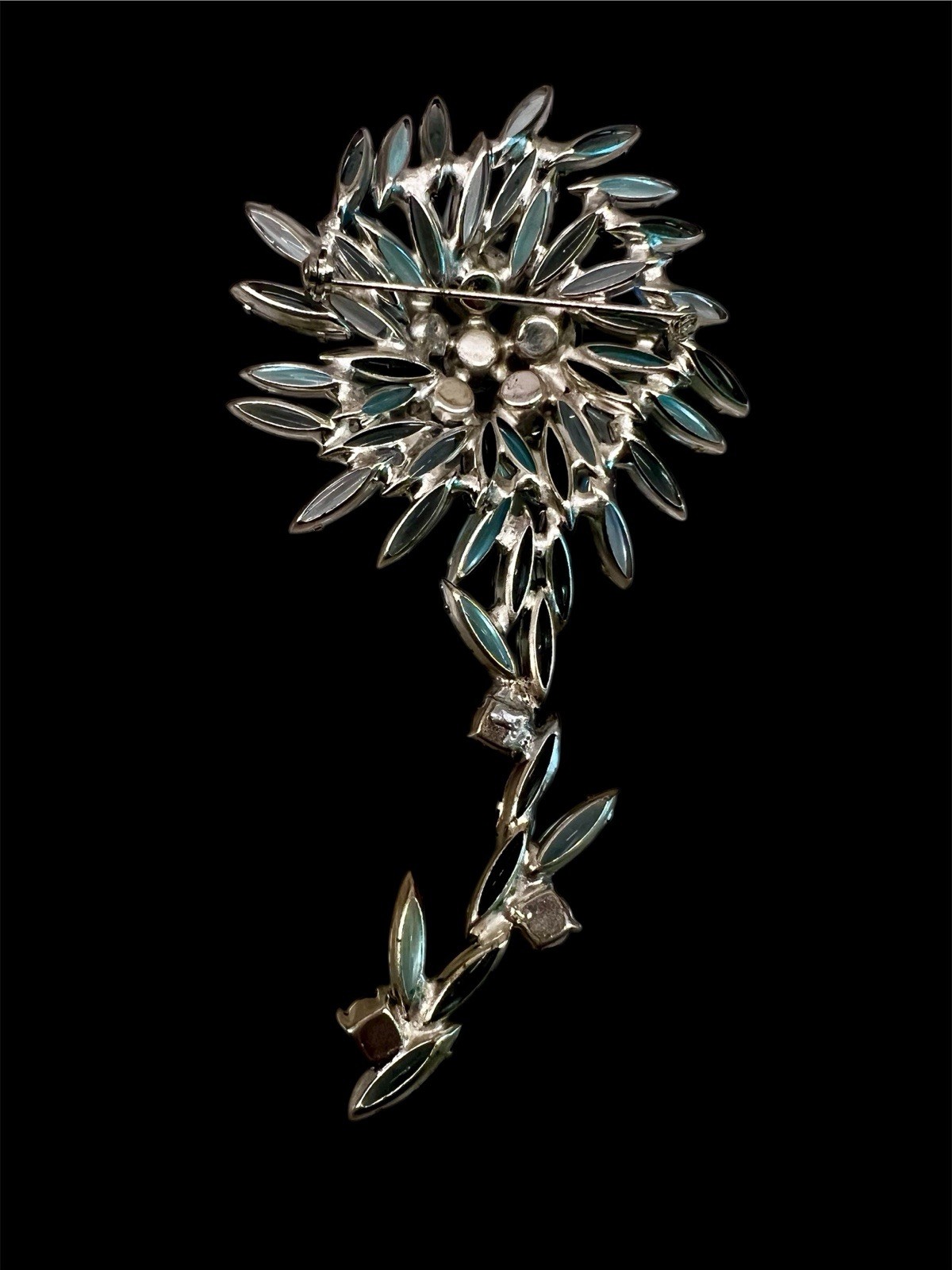 Vintage SCHREINER Unsigned Flower Blue Navettes Rhinestone Brooch & Earrings