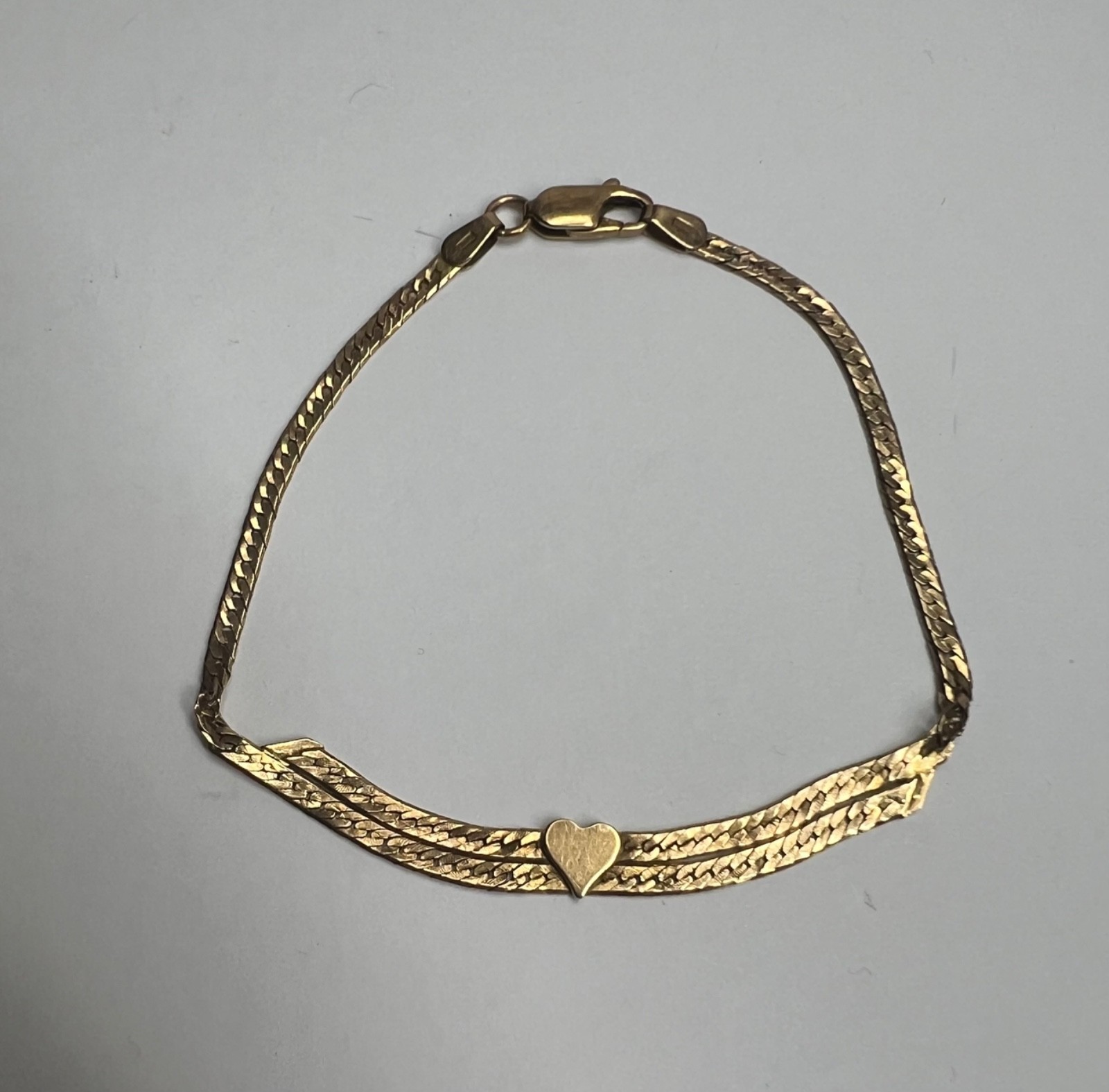 Vintage 14k Solid Yellow Gold Double Herringbone Heart Bracelet 7.5″ 3.88g