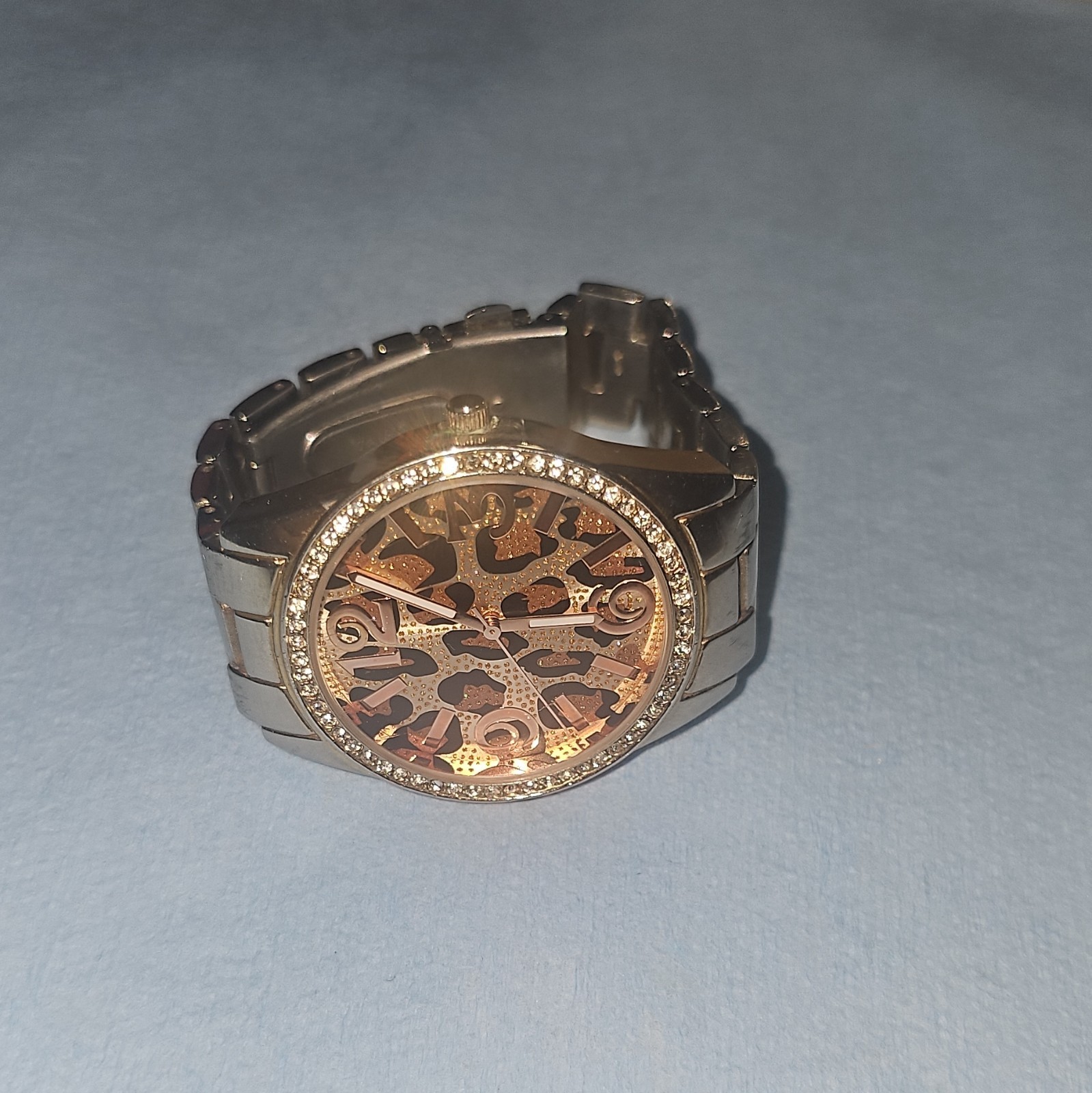 Target Women’s Watch with Leopard Print Dial & Rhinestone Bezel (New Battery)