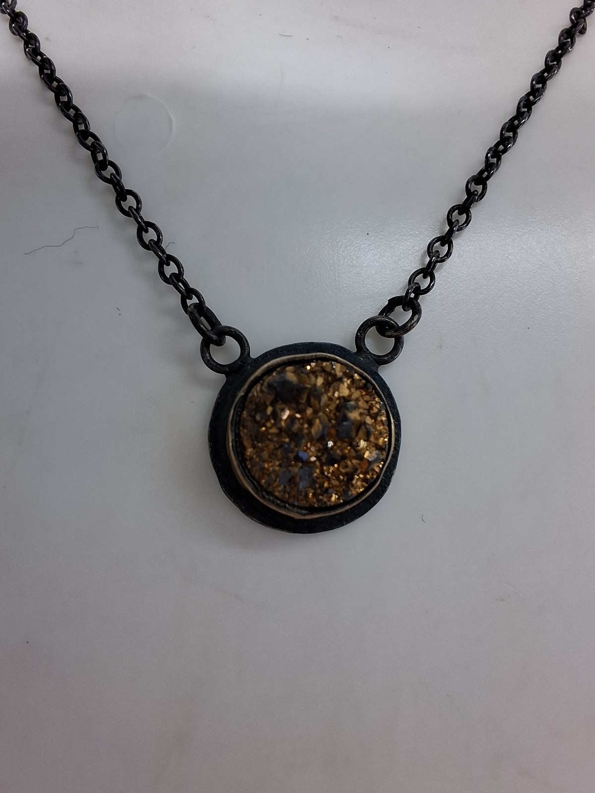 Silver Necklace Druzy Quartz Round Pendant Oxidised 925 Cable Chain 40 cm