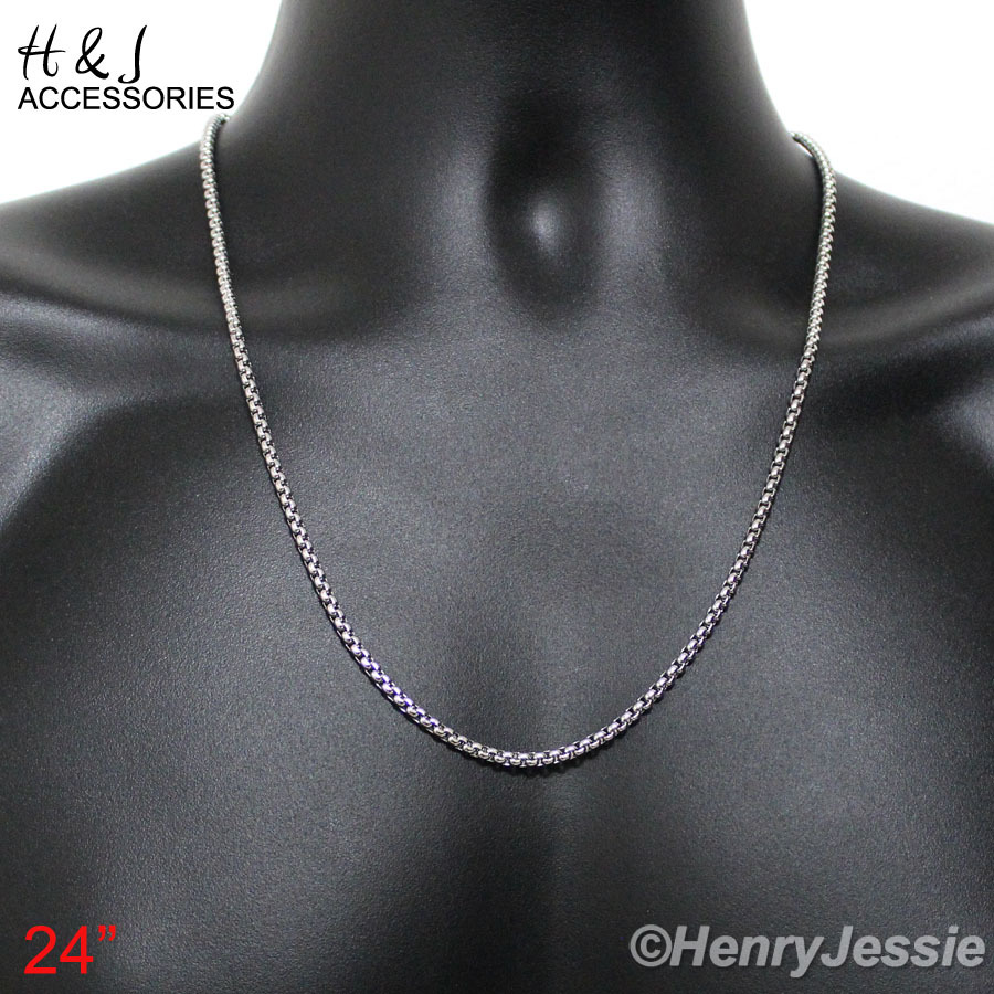 16-32″MEN Stainless Steel 3mm Silver Smooth Classic Box Link Chain Necklace